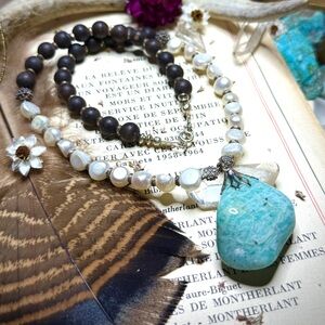 Vintage Ceremonial Larimar Pendant & Fresh Water Pearl Choker Necklace 11” Long